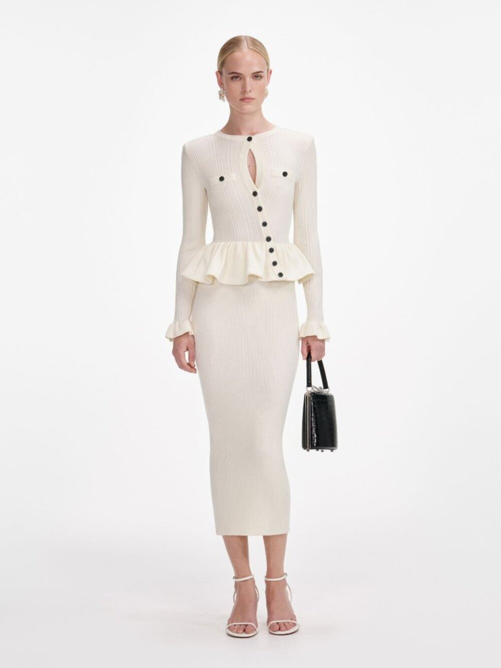 Self-Portrait $665 Wool Blend Asymmetric Peplum Knit Midi Dress Cream XS NWT